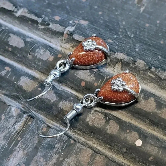 Handcrafted Little Teardrop Brown Goldstone Gemstone Platinum Plated Earrings - Picture 1 of 11
